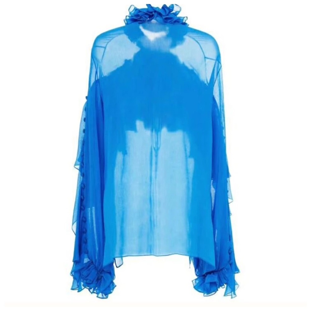 Gorgeous Blue & Black Ruffle Sheer Top - Picture 6 of 8